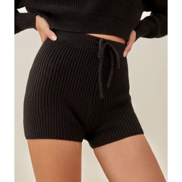 REFORMATION Black Sanzo Organic Cotton Ribbed Knit Drawstring Shorts Size Medium - Picture 1 of 7